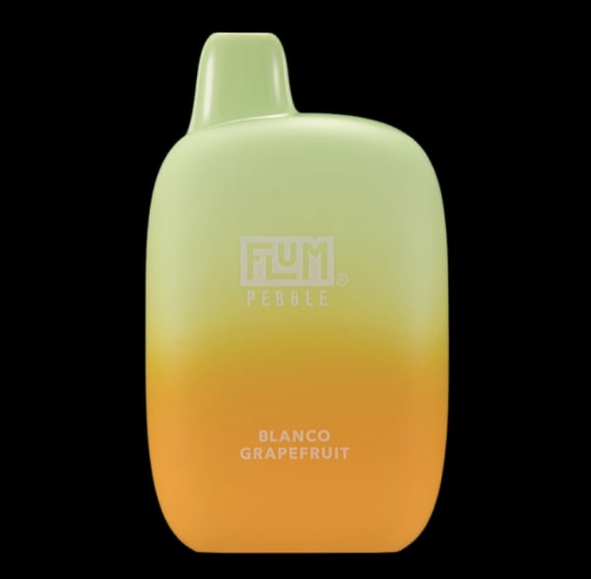 Gradient lime to orange FUM Pebble disposable vape with Blanco Grapefruit flavor against a black background.