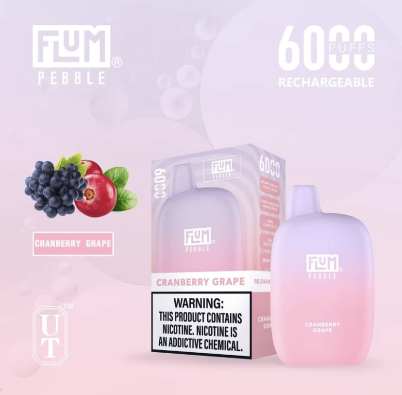 Flum Pebble Cranberry Grape Disposable Vape with Pink Gradient Packaging 6000 Puffs Rechargeable Flavor Label Visible - Australia E-cigarette Store
