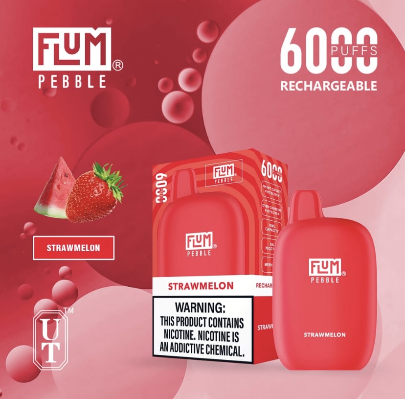 Red Flum Pebble Strawberry-melon Vape Device and Box Showing 6000 Puffs and a Nicotine Warning Label - Australia E-cigarette Store