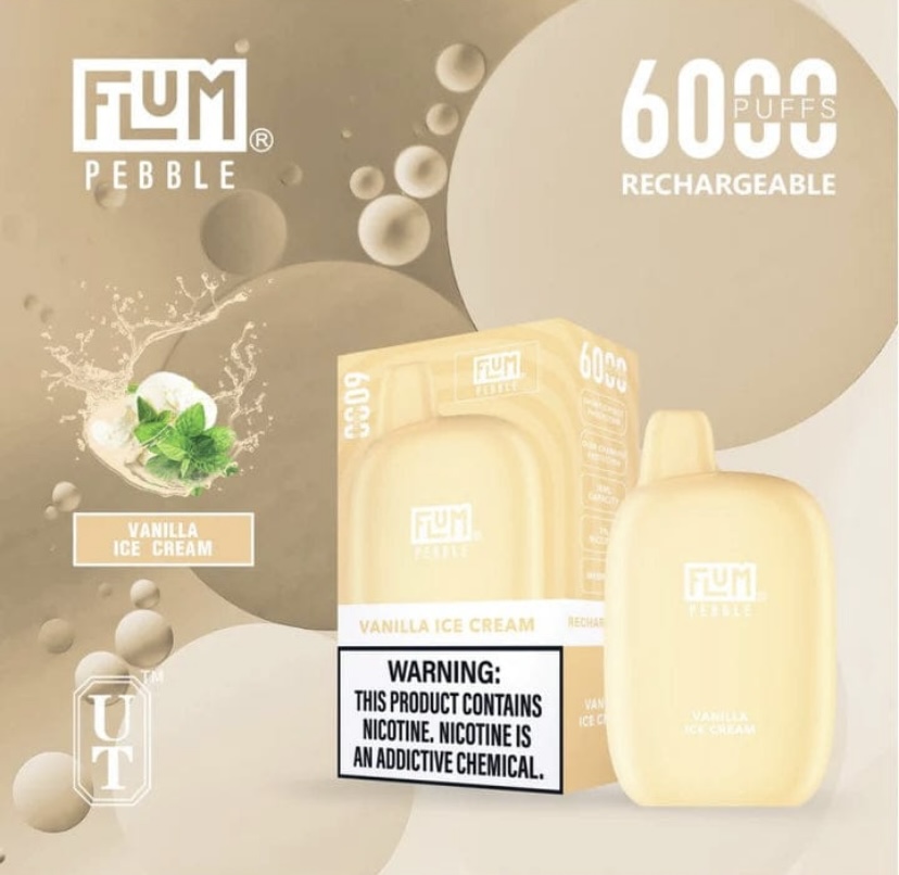 Vape Device and Juice Bottle Labeled fum Pebble Vanilla Ice Cream 6000 Puffs Rechargeable with Warning Label Visible on the Box - Australia E-cigarette Store