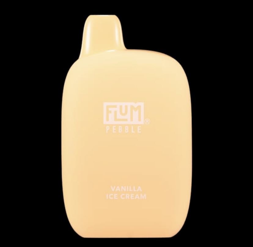 Vanilla Ice Cream-flavored Product in a Peach-colored Squeeze Bottle with a Small Nozzle Cap on a Black Background Labeled Flum Pebble and Vanilla Ice Cream - Australia E-cigarette Store