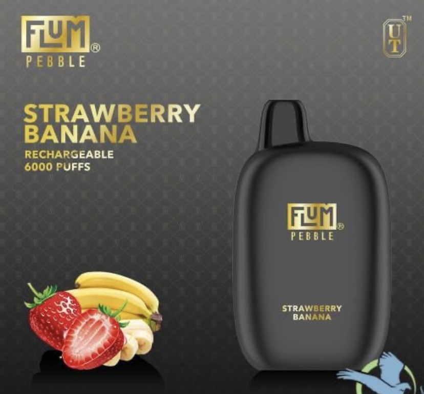 Product Shot Fum Pebble Strawberry Banana Disposable Vape Against a Dark Patterned Background with a Fruit Bunch Beside It and Gold Branding - Australia E-cigarette Store