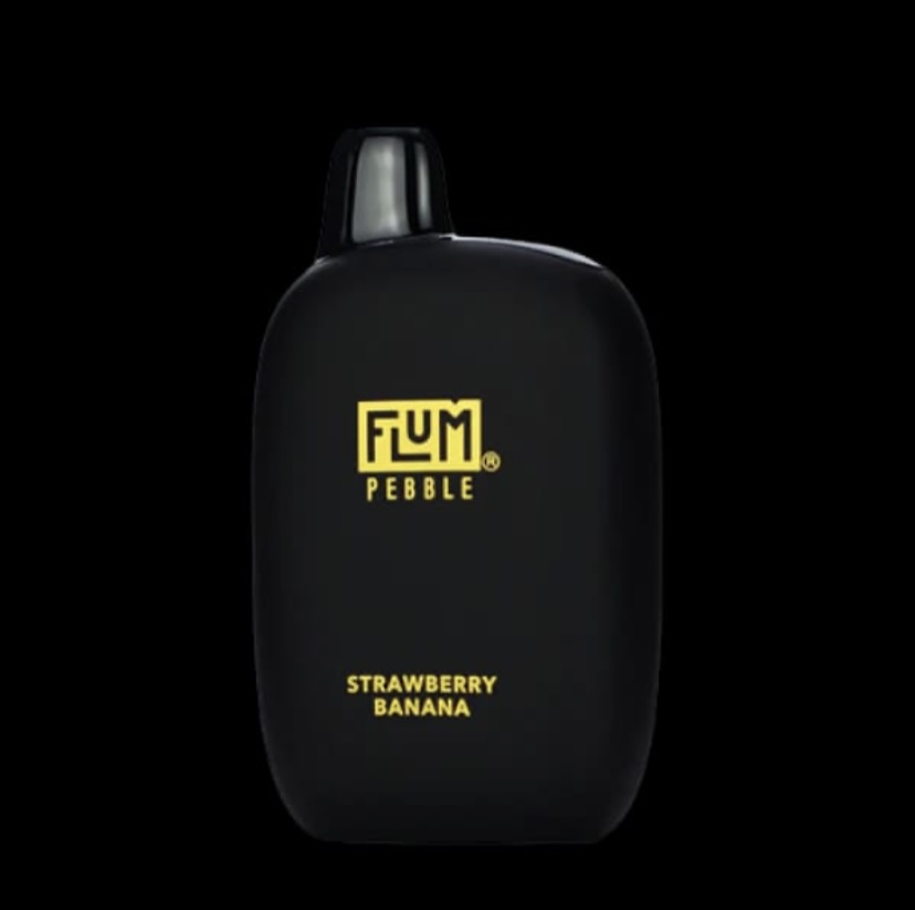 Black Flum Pebble Pod Device with a Yellow Logo and the Flavor Label strawberry Banana on a Dark Background - Australia E-cigarette Store