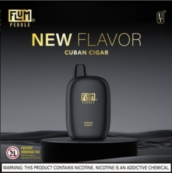Advertising Poster for Flum Pebble new Flavor Cuban Cigar with a Black Pod-shaped Device on a Pedestal - Australia E-cigarette Store