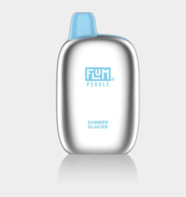 Flum Pebble Bottle in Summer Glacier Flavor with a Blue Cap and Silver Body Reflection on a Light Surface - Australia E-cigarette Store
