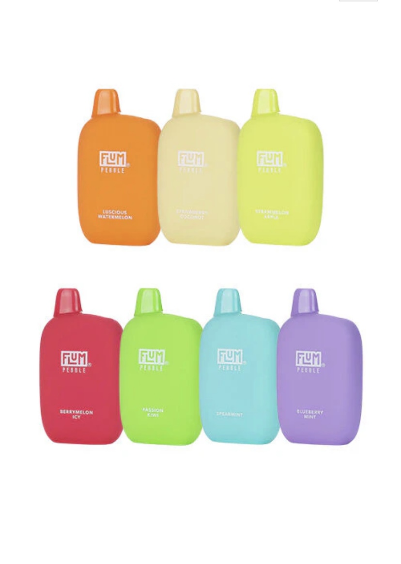 Two Rows of Eight Neon-colored Flum Squeeze Bottles with Caps Arranged Like a Rainbow Each Labeled with a Flavor - Australia E-cigarette Store