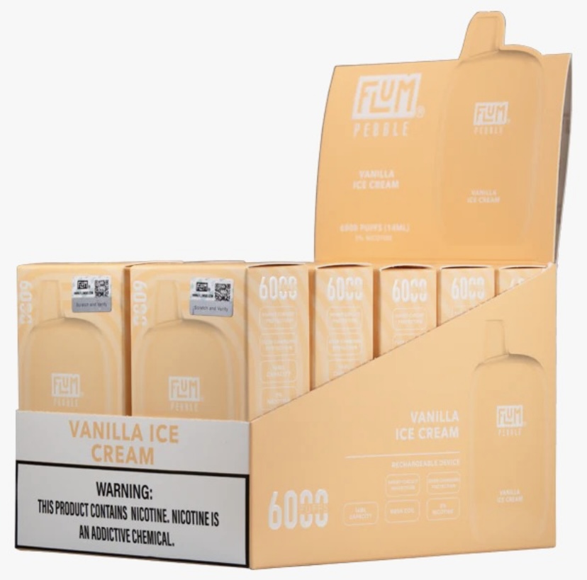 Orange vanilla ice cream flavored disposable vape packaging with 6000 puffs and nicotine warning on the box.