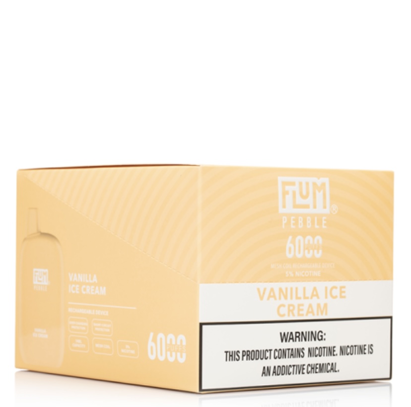 Orange box of FLUM Pebble Vanilla Ice Cream nicotine pouches, 60 mg, with a bold nicotine warning at the bottom.