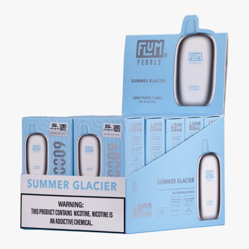 Blue display box of Fume Pebble Summer Glacier disposables, 6000 puffs, oval silver device visuals, nicotine warning on front panel