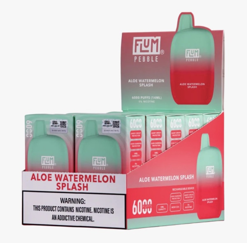 Display of Flum Pebble Aloe Watermelon Splash Disposables in a Teal-to-pink Packaging Display Showing 6000 Puffs Per Device Warning Label Visible in Front - Australia E-cigarette Store