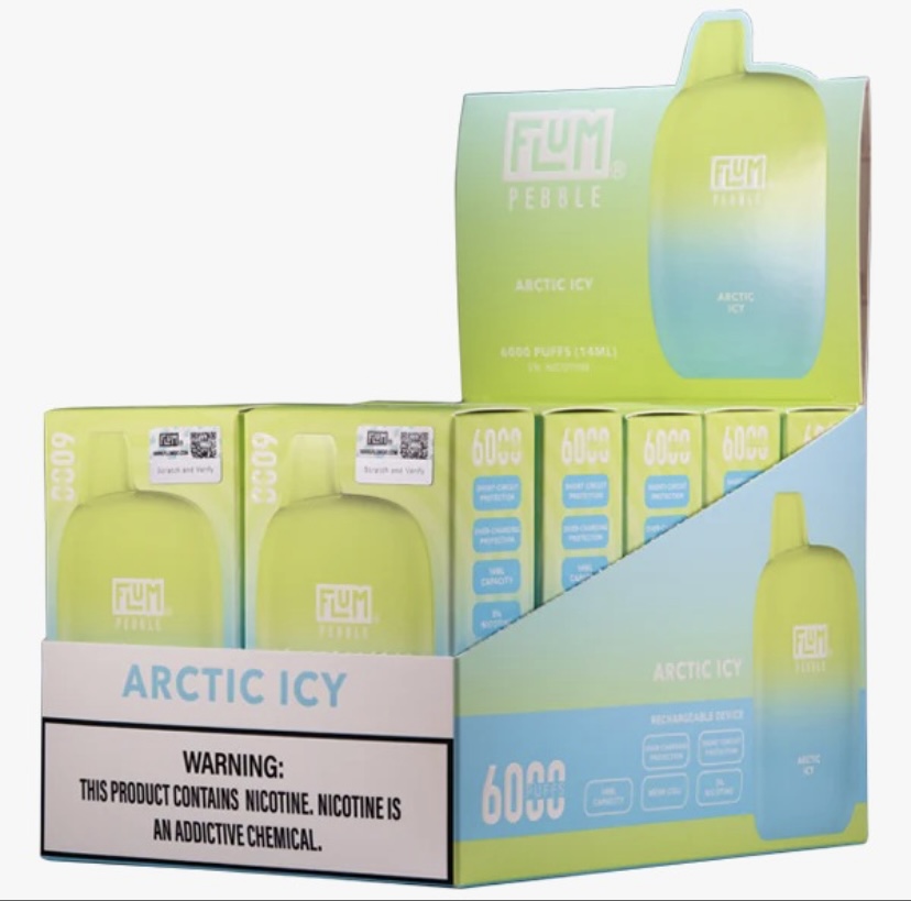 Display of Flum Arctic Icy Disposable Vape Boxes on a Retail Shelf Bright Green to Blue Packaging with Nicotine Warning Text Visible - Australia E-cigarette Store