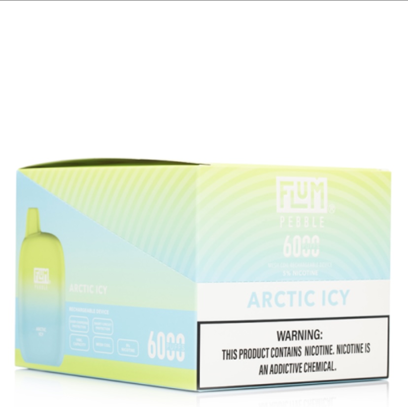 Box Packaging for a Flum Pebble Arctic Icy Disposable Vape Gradient Greenblue Design with arctic Icy and a Nicotine Warning on the Front Edge - Australia E-cigarette Store