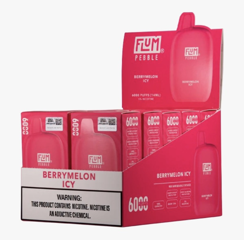 Pink Fum Pebble Berrymelon Icy Disposable Vape Display with Warning Label and Multiple Units on a Retail Shelf - Australia E-cigarette Store