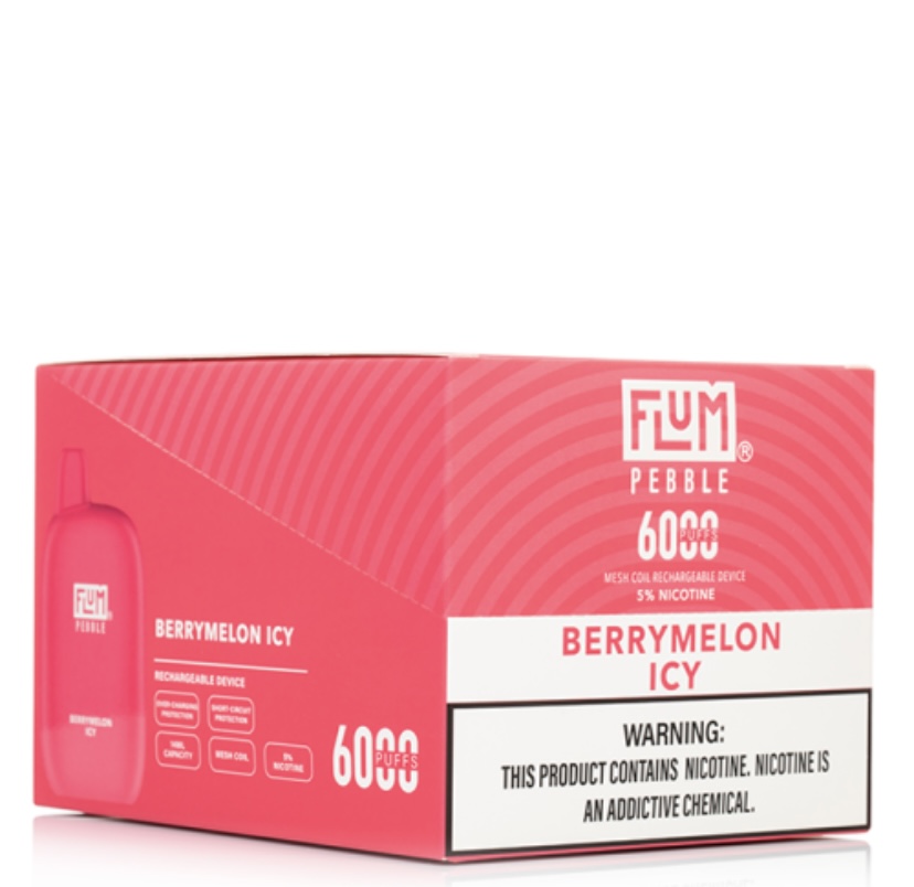 Pink Flum Pebble Berrymelon Icy Disposable Vape Packaging 6000 Puffs Nicotine Product Front View with Warning Label - Australia E-cigarette Store
