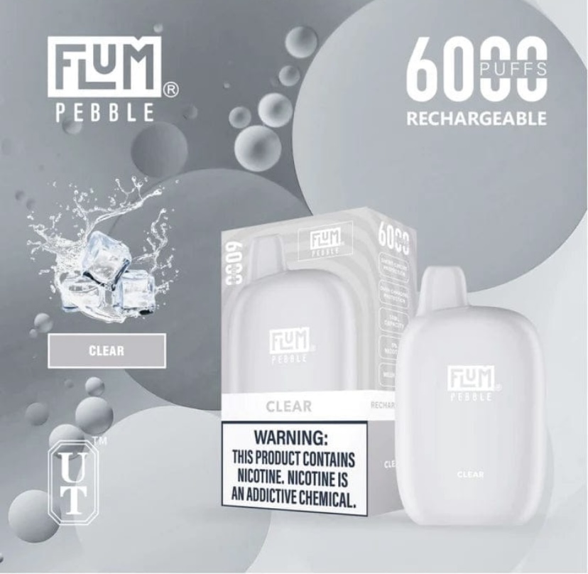 Fum Pebble Vape Kit with the Word Clear on the Box and Device Features a Large 6000 Puffs Rechargeable Label in the Background - Australia E-cigarette Store