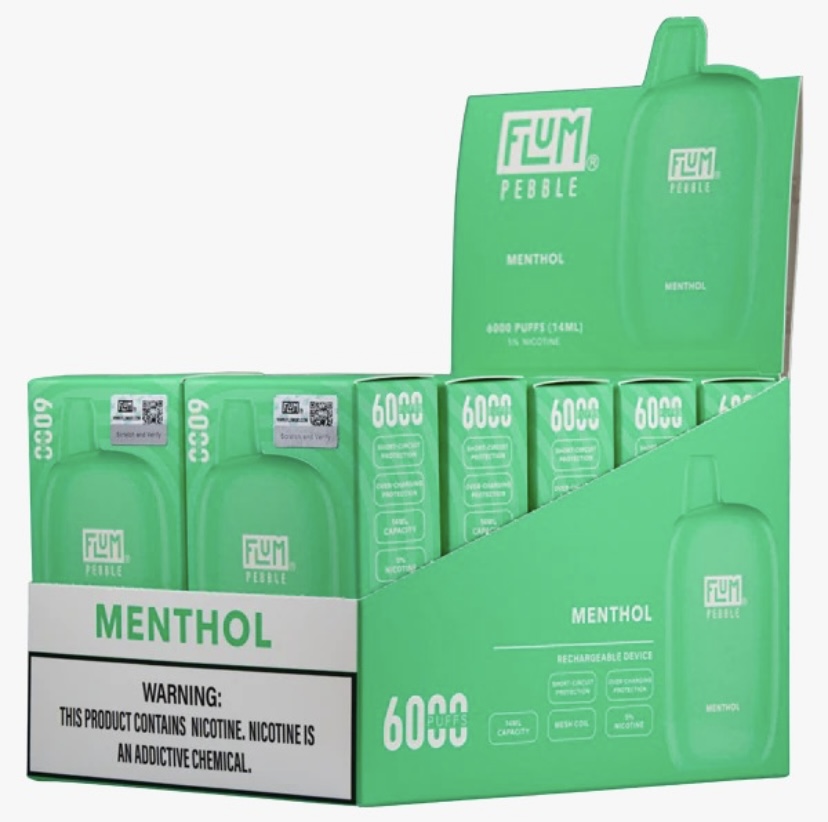 Display-ready mint menthol FLUM Pebble disposable vape display with 6000 puffs.