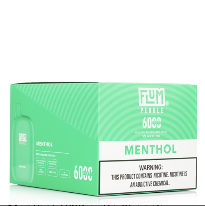 Front of green FLUM Pebble Menthol vape box, displaying 'MENTHOL', 600 puffs, and a warning label.
