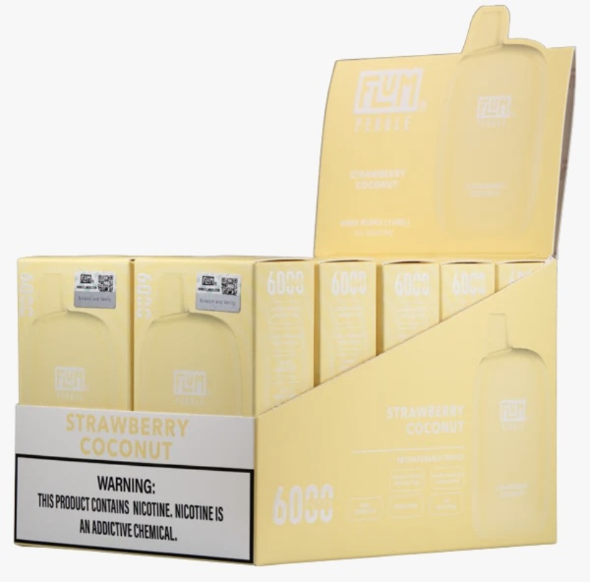 Display carton of yellow strawberry coconut nicotine vaping products in a retail setup, with a front warning label visible on the box.