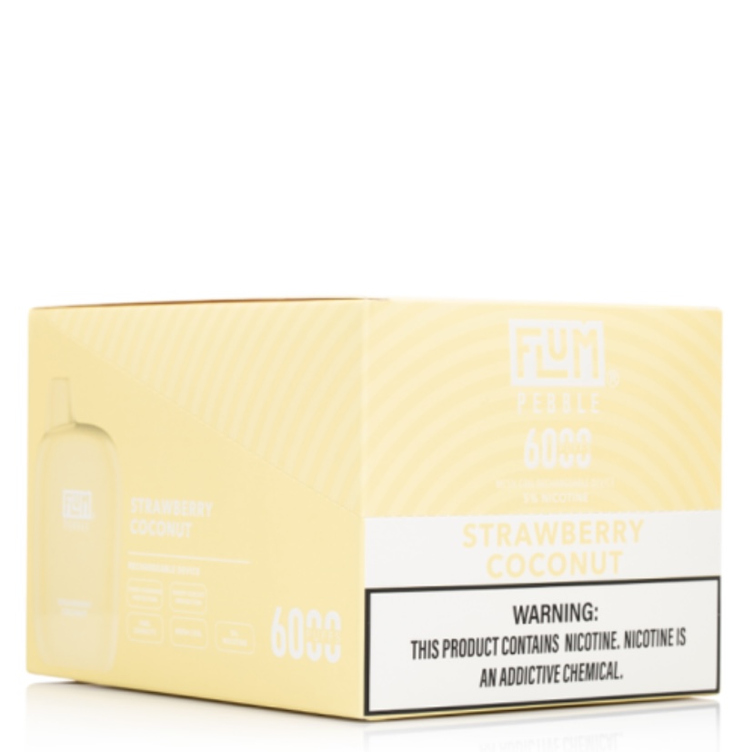 Product box for Flum Strawberry Coconut vape juice, yellow packaging with 60 mg nicotine warning visible on the front.