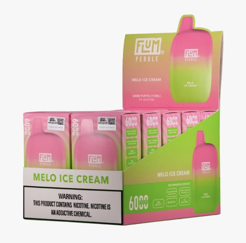 Boxed display of Flum Pebble Melo Ice Cream disposable vapes in pink-green packaging, showing multiple pink pods and the label Melo Ice Cream (60 puff/6000?) with a nicotine warning.