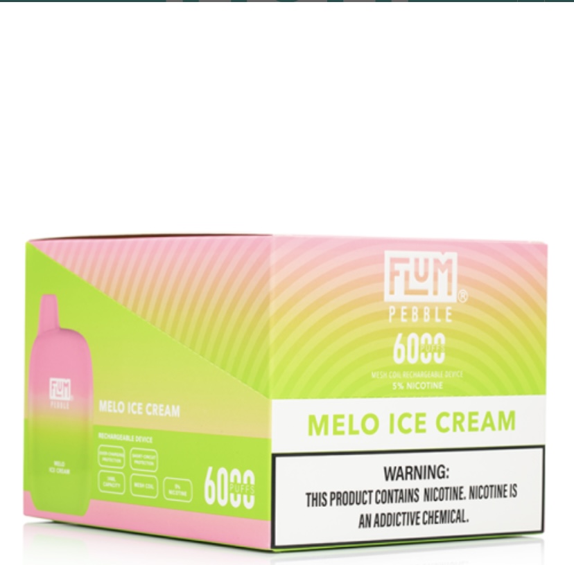 Flum Pebble Melo Ice Cream disposable vape box with pink‑green gradient, displaying 'MELO ICE CREAM' and '6000 Puffs' along with a cautionary warning label