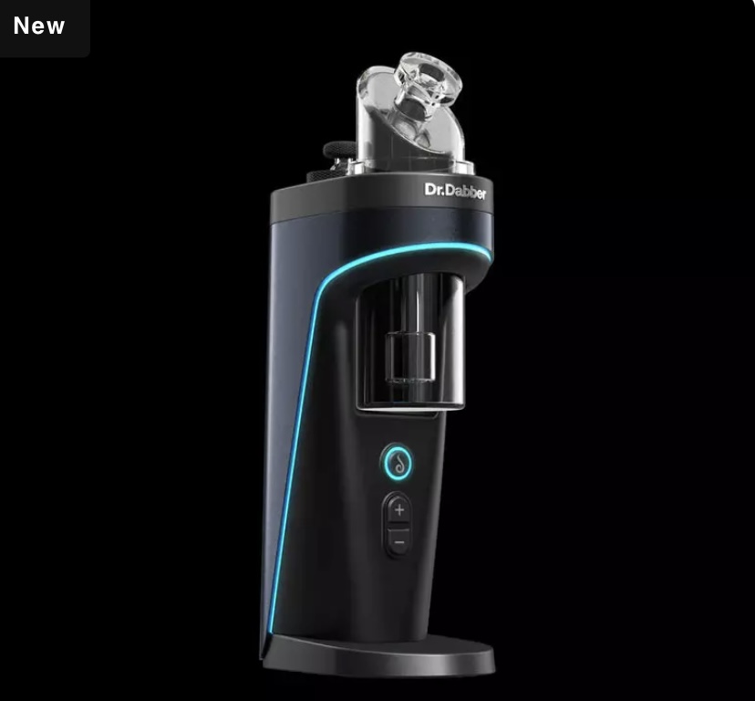 Black handheld USB vaporizer with glass quartz mouthpiece and glowing blue outline, on a circular base; label shows 'Dr. Dabber' at the top.