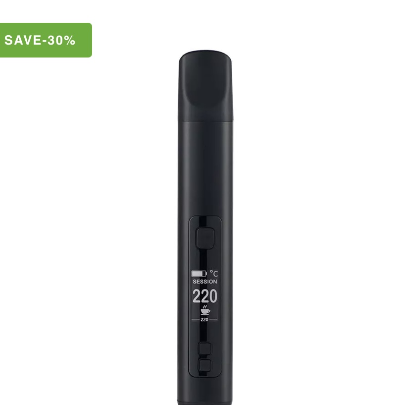 Black vape pen with a digital temperature display reading 220°C and a green SAVE-30% badge in the corner.