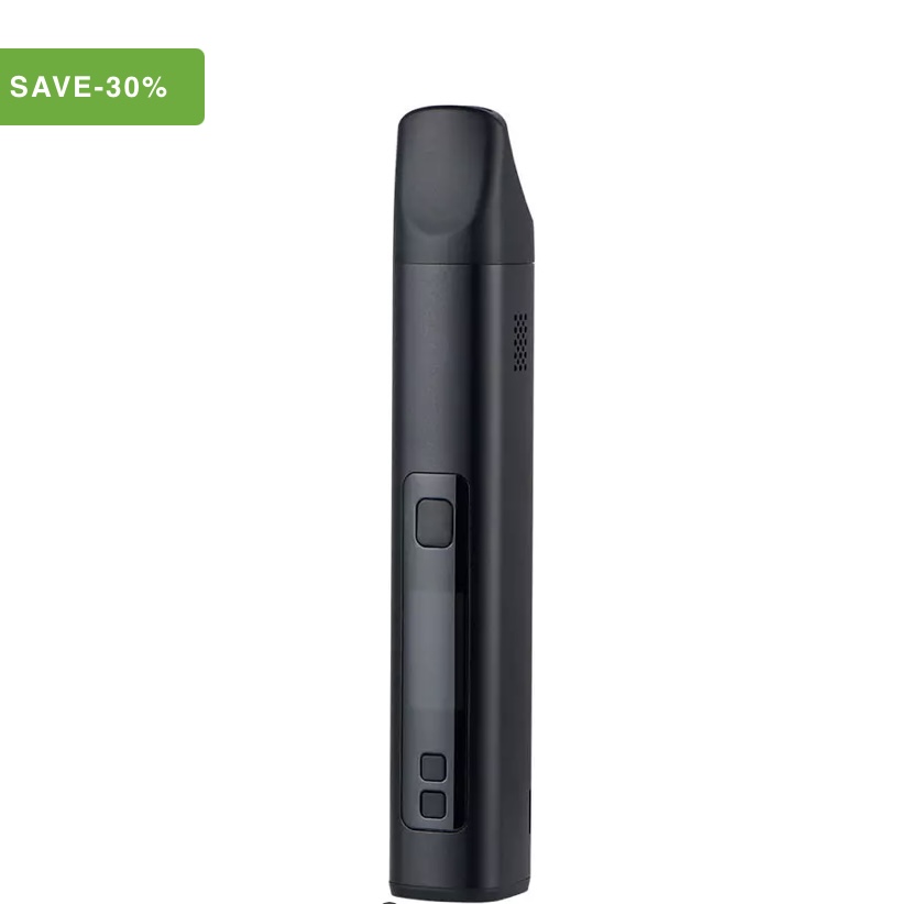 Black vape pen standing upright with a small display and two control buttons on the front.
