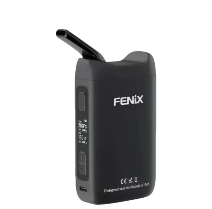Black FENIX vape mod with curved mouthpiece and a vertical OLED display showing 200°C and 180s on the front panel.