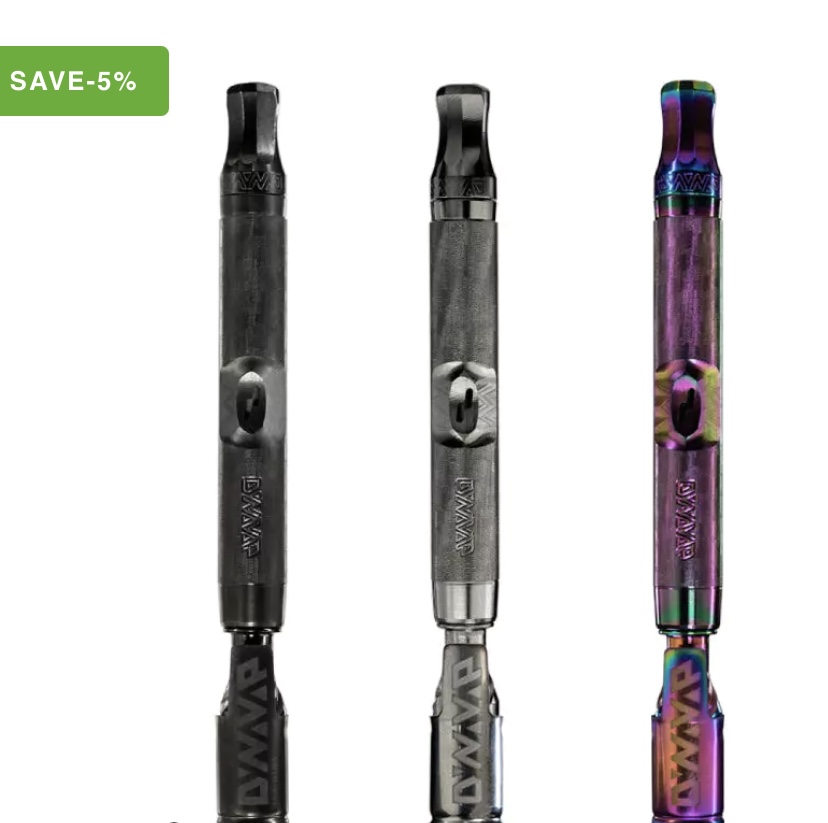 Three vape pens in black, gunmetal, and iridescent purple with a SAVE-5% banner in the top-left corner.