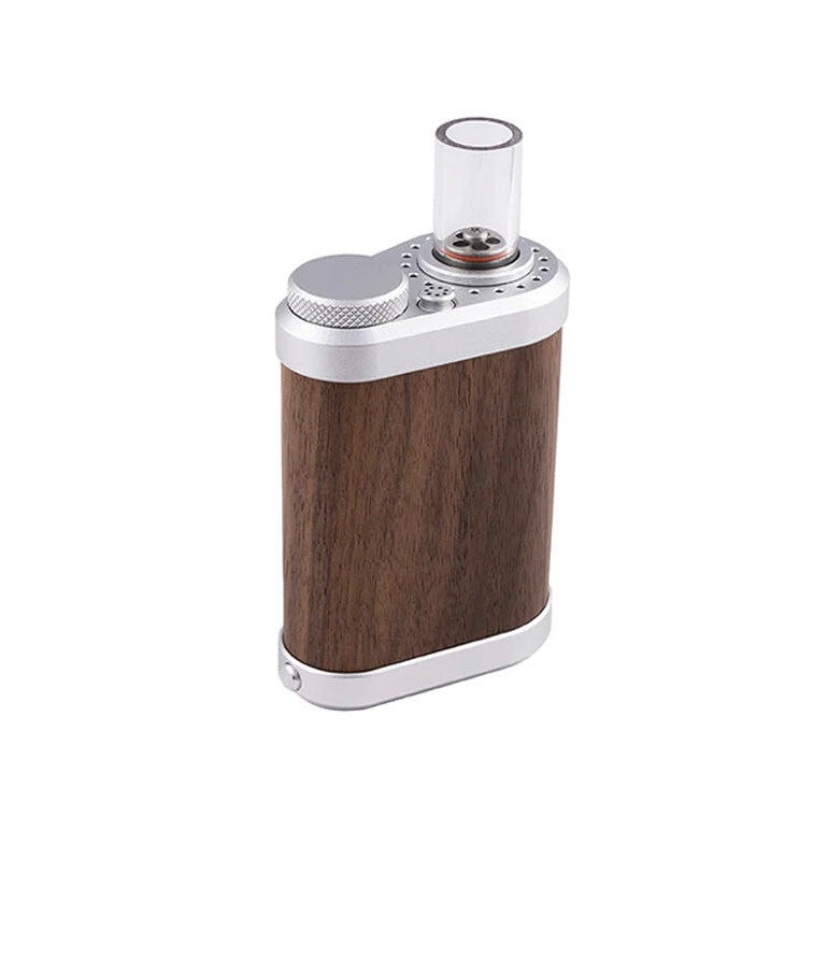 Handheld vape mod with a wooden body, silver top, and a clear glass tank on top.