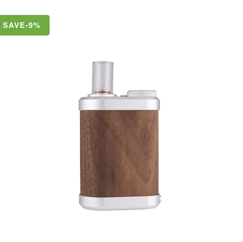 Compact vape mod with a wood-grain body and silver metal accents on top and bottom