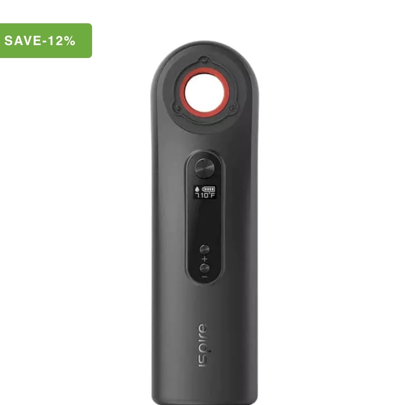 Black handheld gadget with a circular red-ring opening at the top and a small display/control panel on the front; green “SAVE-12%” badge in the top-left corner.