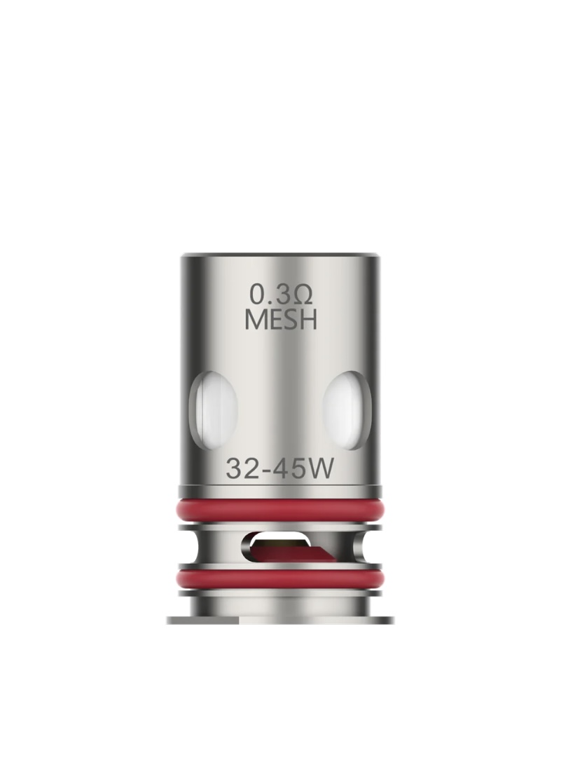 Vape coil head with red O-rings, stamped '0.3Ω MESH' and '32-45W'