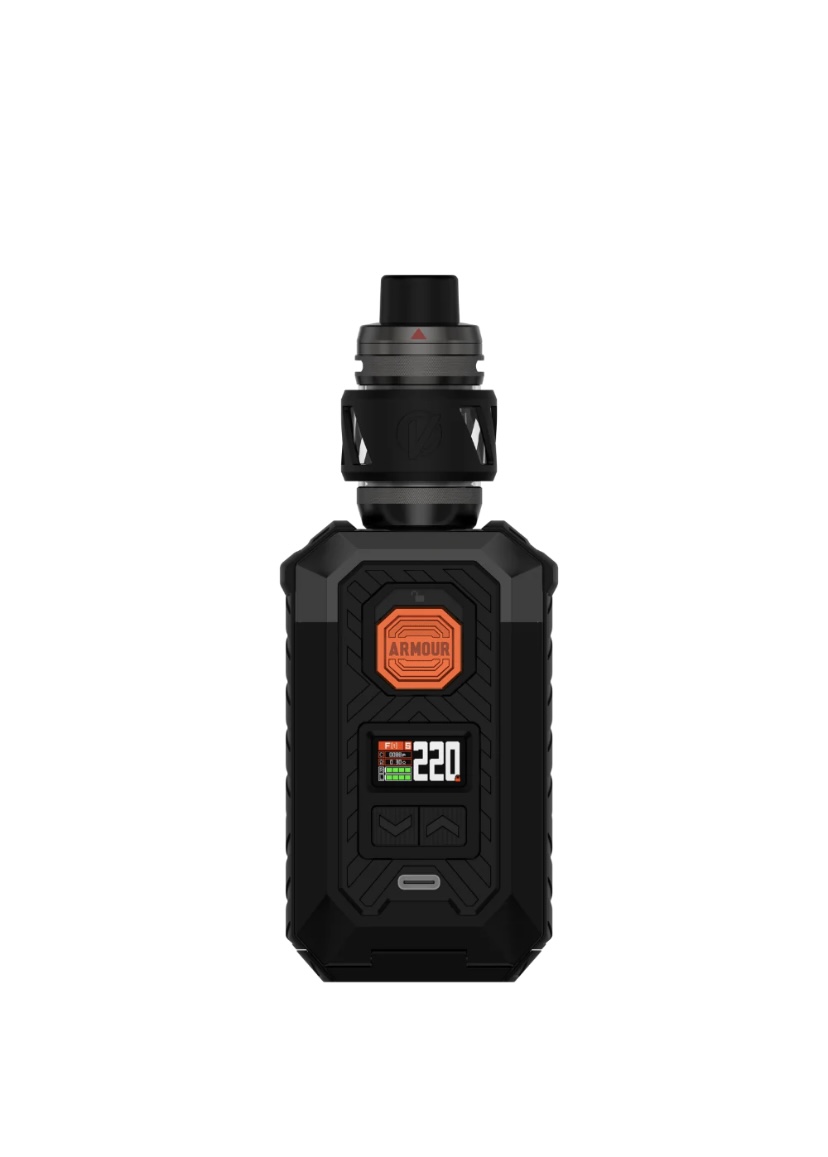 Rugged black vape mod with an attached tank, orange Armour logo on the front, and a digital display reading 220.
