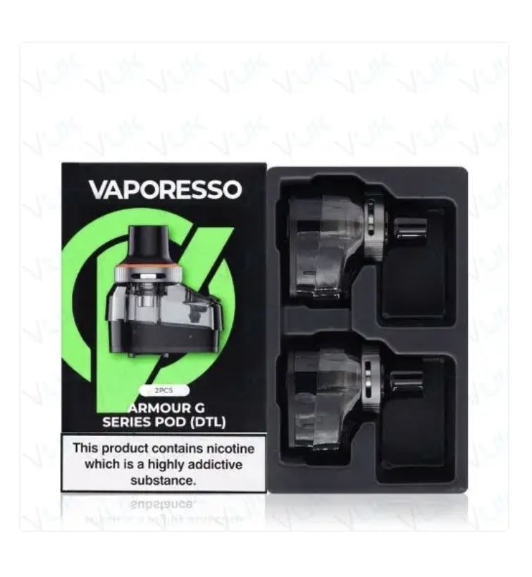Vaporesso Armour G Series Pod (DTL) kit in retail box with two pods visible in a plastic tray in black and green packaging?