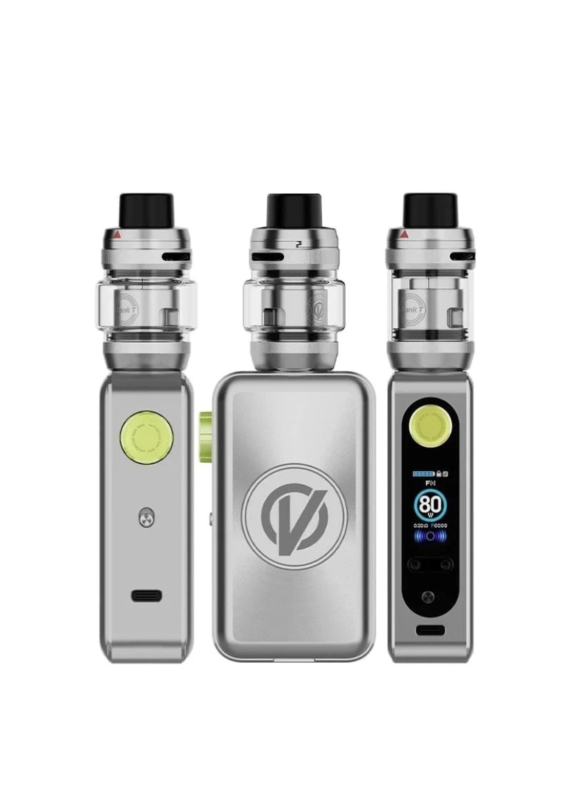 Three silver vape mods with glass tanks, black mouthpieces, arranged side by side (left, center, right). The center device is larger with a logo on the back.