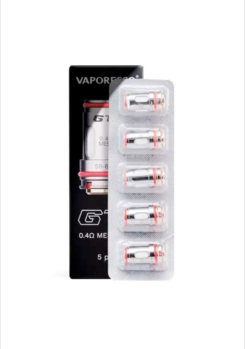 Five replacement vape coil heads in a blister pack beside a black VAPORESSO box.