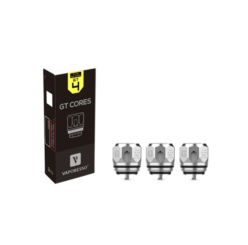 Three Vaporesso GT Core replacement coil heads placed next to a black GT Core box.