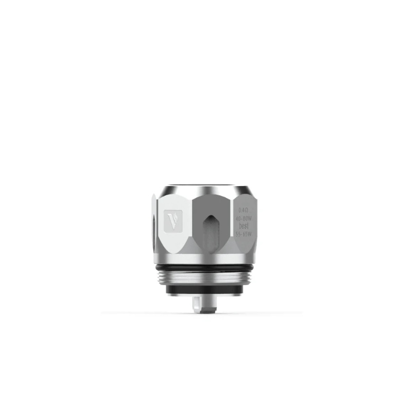 Vape coil head/atomizer component with knurled stainless exterior and bottom airflow holes, used as a replacement coil for a vape tank