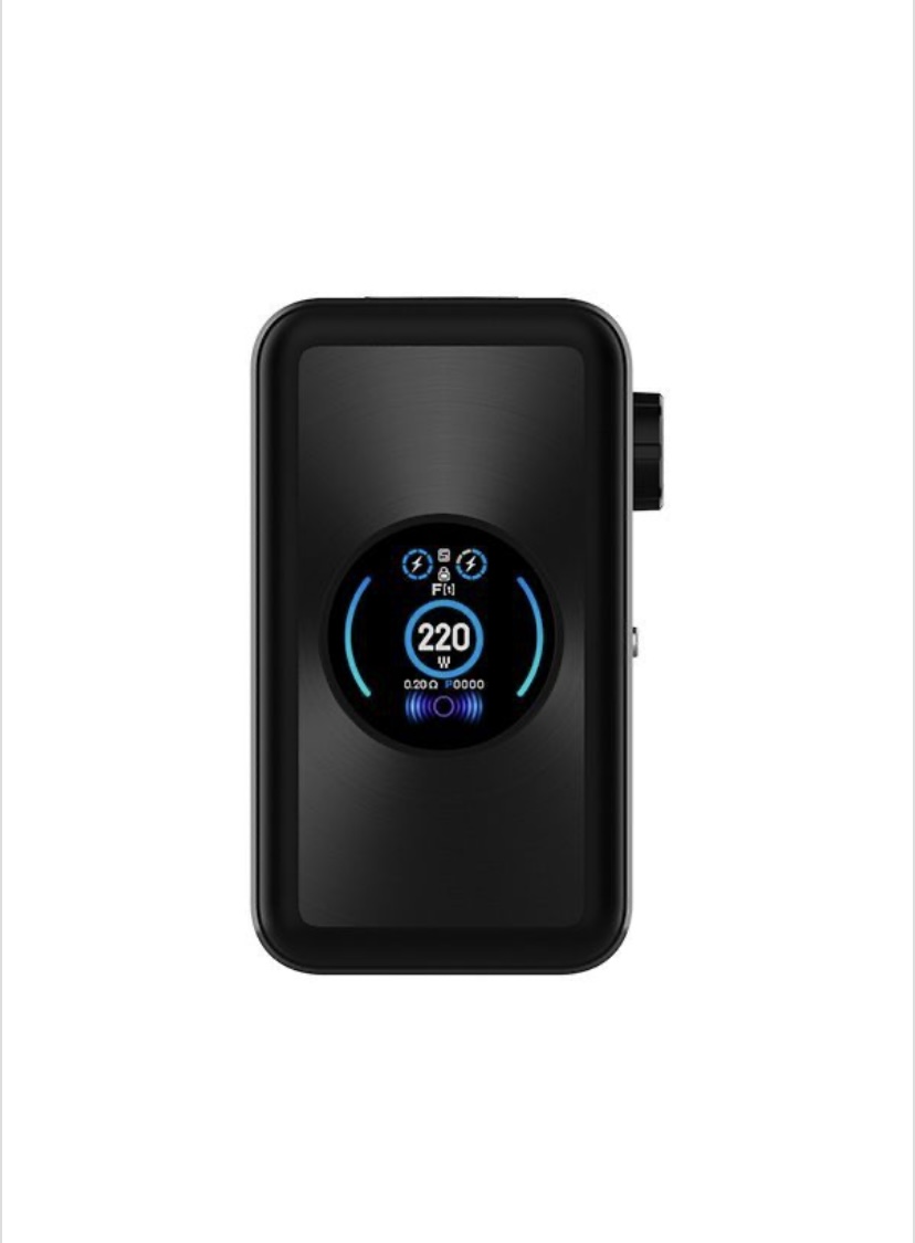 Black handheld device with a circular blue-dial display showing 220 W on the screen