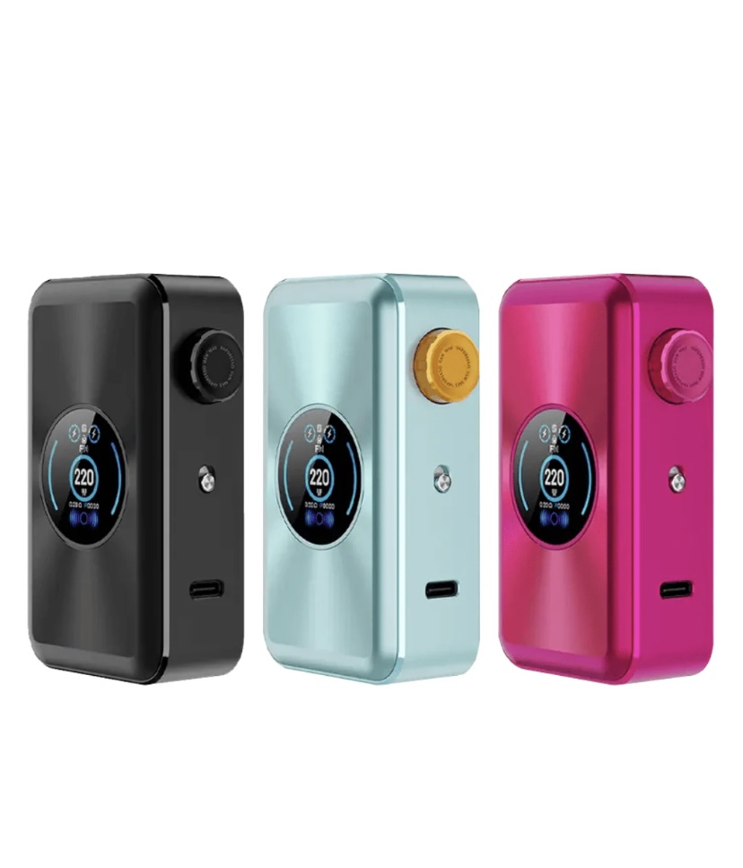 Three compact handheld electronic devices in black, light blue, and pink, each featuring a circular digital display and side control dial, lined up side by side.