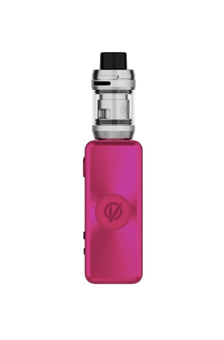 Pink Handheld Vape Mod with a Clear Glass Tank and Black Mouthpiece Shown Upright with a Circular Logo on the Back Panel - Australia E-cigarette Store