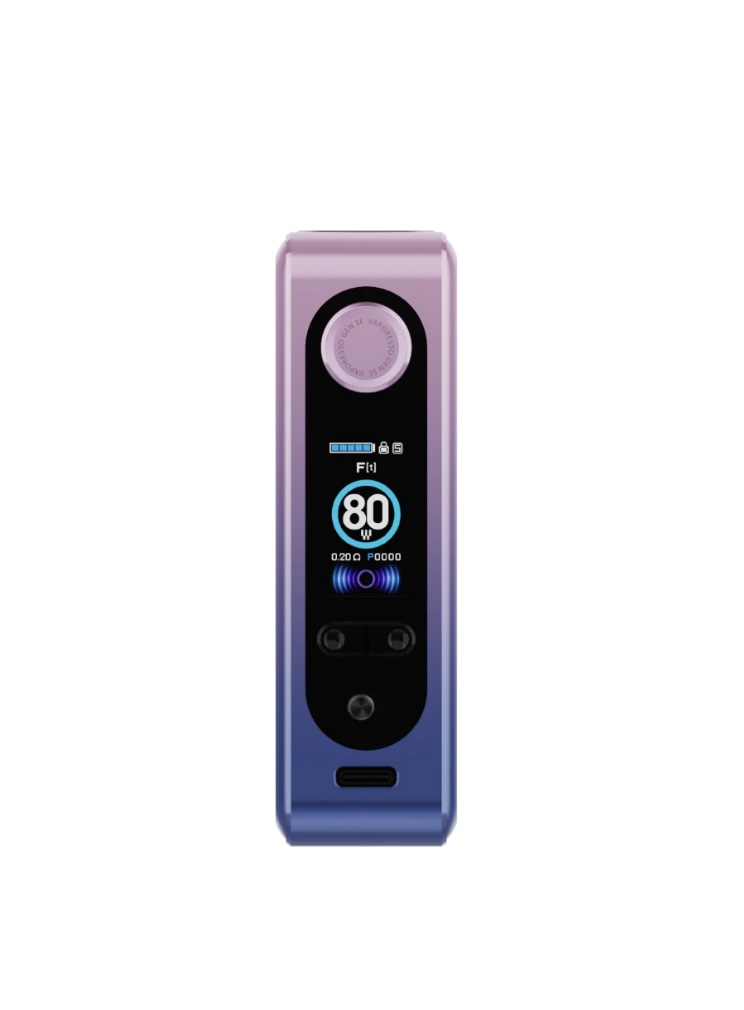 Gradient purple-to-blue vape mod with circular top dial and a digital display showing 80 W, USB charging port at the bottom.