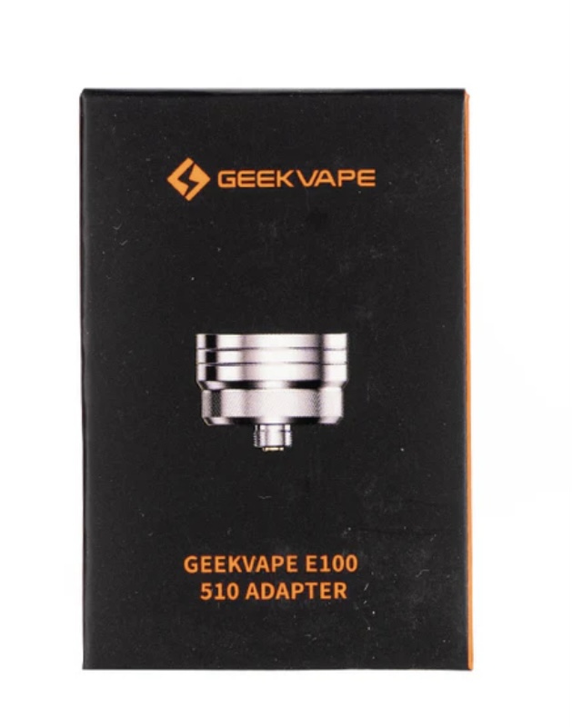 Black GeekVape product box with orange logo; text reads 'GEEKVAPE E100 510 ADAPTER' on the front.