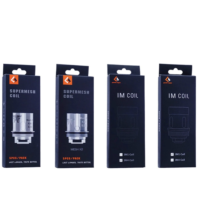 Lineup of four dark blue vape coil boxes (two SuperMesh Coil, two IM Coil) with orange logo on top.