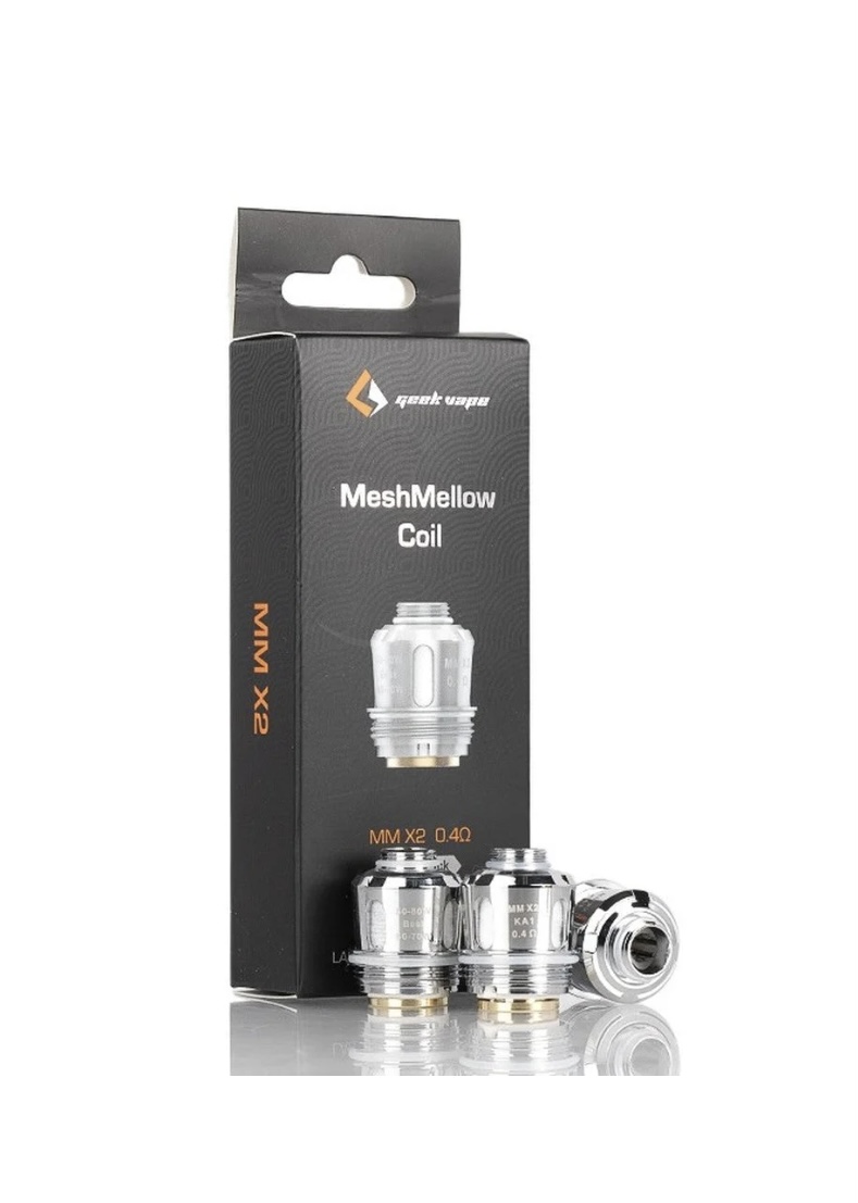 Geekvape Meshmellow Coil Packaging with Two Chrome Replacement Coils Beside It on a White Background - Australia E-cigarette Store