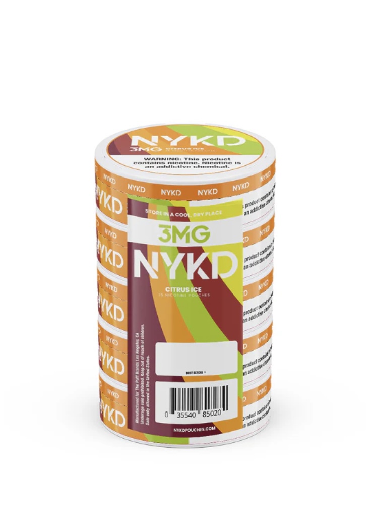 Colorful cylindrical NYKD nicotine pouch tin labeled Citrus Ice.