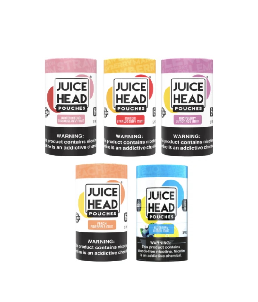 Five Juice Head vape pouches showing flavors: Watermelon Strawberry Mint, Mango Strawberry Mint, Raspberry Lemonade Mint, Peach Pineapple Mint, and Blueberry Lemon Mint.