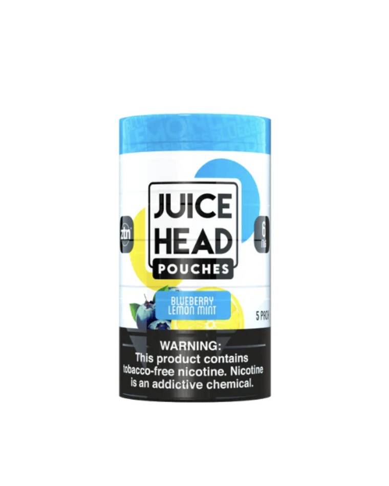 Juice Head Blueberry Lemon Mint nicotine pouches can with blue cap and bold logo, warning label at bottom.